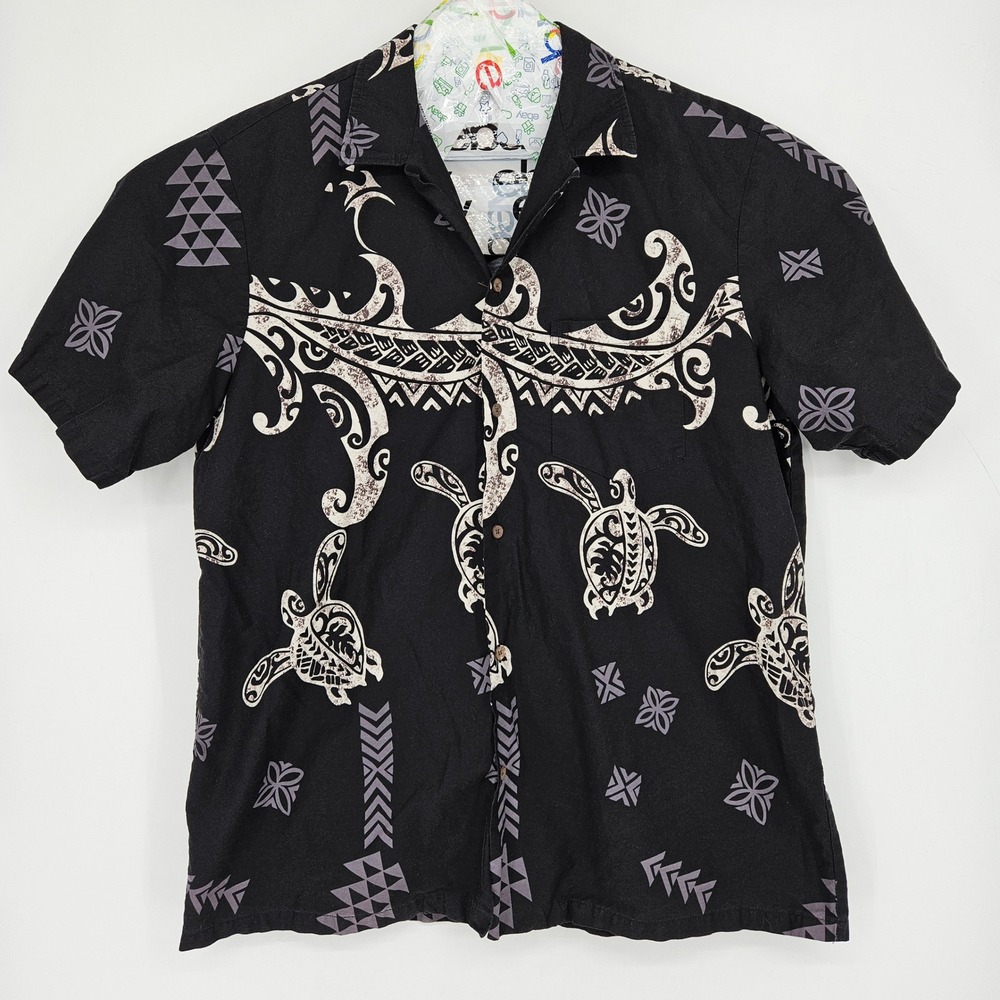 RJC Hawaiian Shirt Mens 2X Polynesian Sea Turtle Black Tribal Short Sleeve